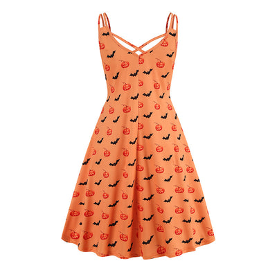 V-neck Suspender Halloween Printed Dress