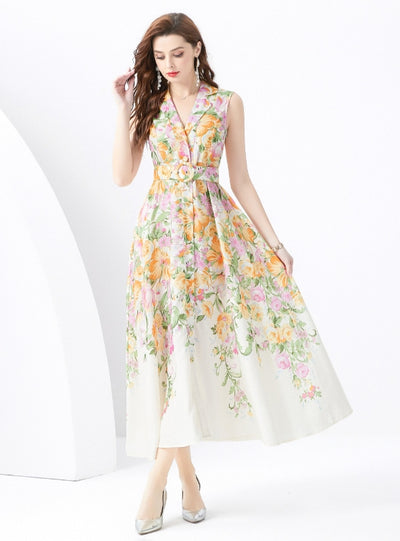 Sleeveless V-neck Printed Long Dress