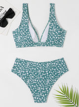 Split High Waist Leaf Printed Bikini