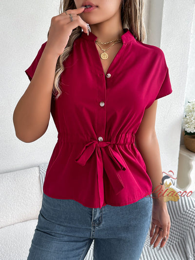 Casual Button Drawstring Short Sleeve Shirt Top