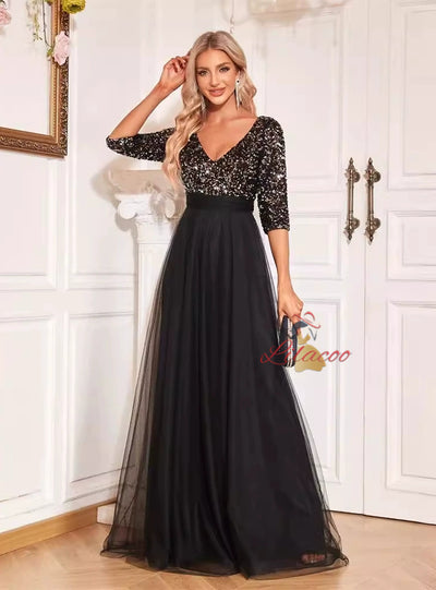 Black Sequins Tulle V-neck Short Sleeve Prom Dress