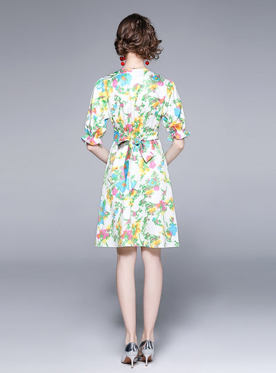 Printed V-neck Short Sleeve Slim Dress