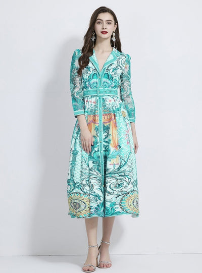 Retro Holiday Printed Long Sleeve Dress