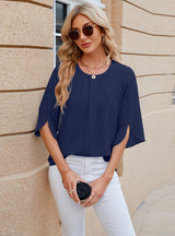 Solid Color Round Neck Short Sleeve Chiffon Shirt