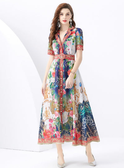 Short-sleeved Printed Long Dress