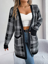 Contrast Plaid Pocket Long Sleeve Sweater Coat