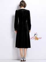 Retro Long Sleeve V-neck Velvet Dress