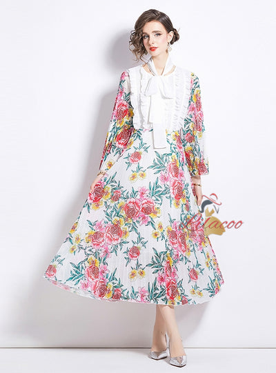 Printed Lace Stitching Pleated Dress