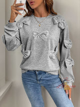 Bow Stitching Gray Round Neck Top