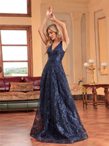 Navy Blue Sequins V-neck Prom Dress