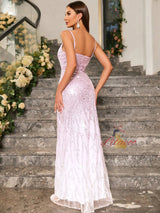 Pink Sequins Straps Prom Dress