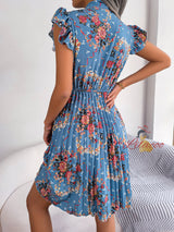 Women Print Flower Lace-up Pleated Dress