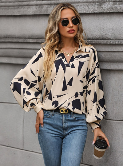 Long Sleeve V-neck Printed Shirt