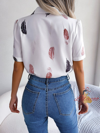 Short-sleeved Feather Print Short Sleeve Shirt