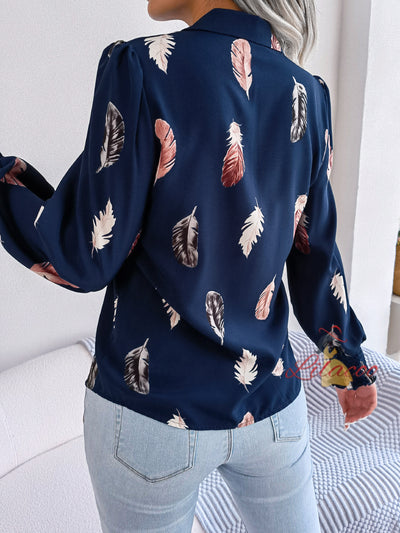 Women Print Lantern Sleeve Lapel Shirt