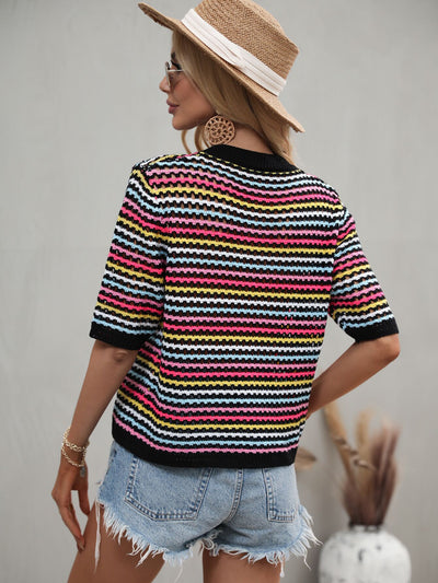 Spliced Hollow Loose Round Neck Striped Sweater