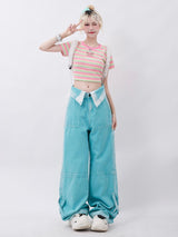 Lapel Blue High Waist Straight Wide-leg Jeans