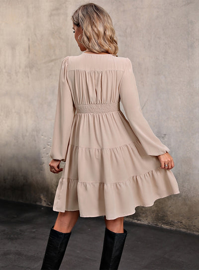 Long Sleeve Solid Color V-neck Button Dress