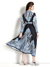 Long Sleeve Lapel Printed Long Dress