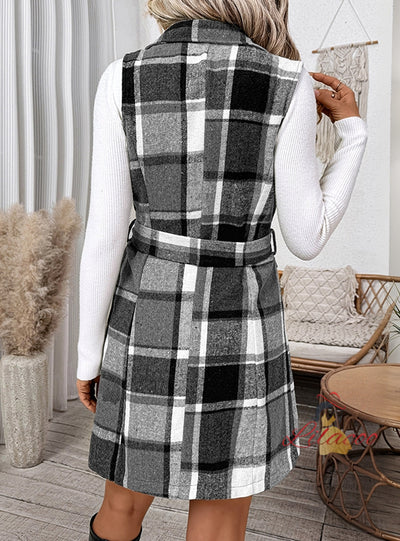 Checked Silm Waist Suit Collar Sleeveless Vest