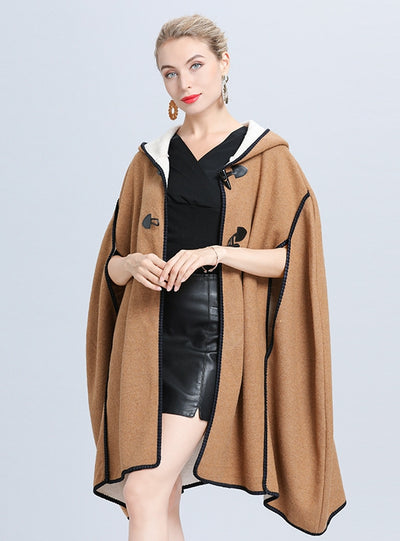 Large Size Loose Hooded Cloak Shawl Woolen Coat