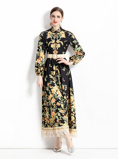 Retro Long Floral Fringed Dress