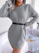 Solid Color Plaid Long Sleeve Sweater Dress