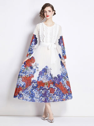 Printed Lace Stitching Pleated Dress