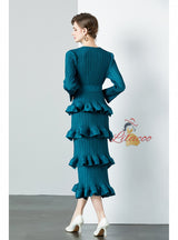 Ruffled Pleated Long Sleeve Slim Dress