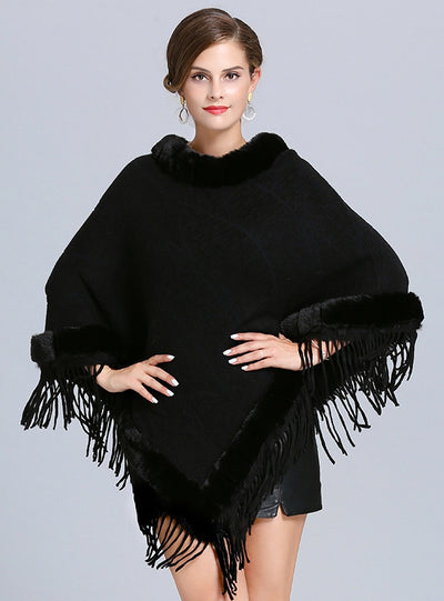 Wool Neck Jacquard Pullover Fringed Cloak Shawl