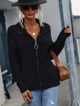 High Neck Solid Color Zipper Sweater Coat