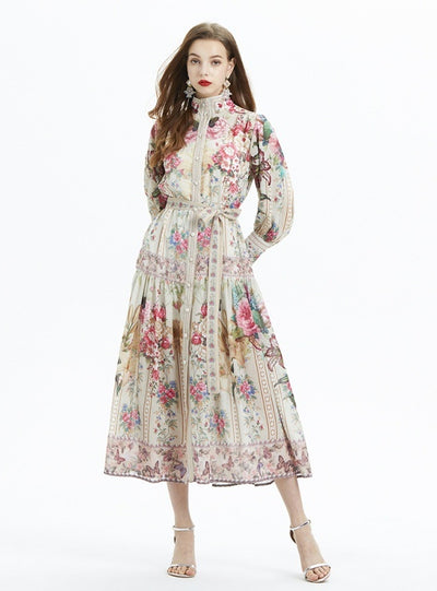 Lantern Sleeve Printed Ruffled Chiffon Two-piece Set