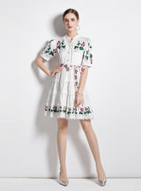 V-neck Bubble Sleeve Lace Print Dress