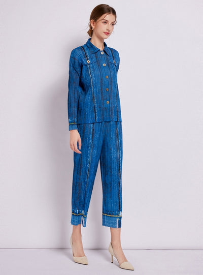 Denim Printed Pleated Jacket Pants Two-piece Suit