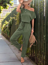 Slanted Shoulder Solid Color Jumpsuit Pants