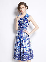 Retro Printed Slim Lapel Sleeveless Dress