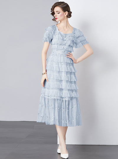 U-neck Sequined Lace Short Sleeve Cake Dress