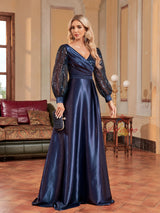 Navy Blue Satin Long Sleeve Sequins Prom Dress