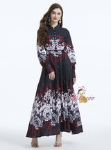 Palace Style Retro Lantern Sleeve Printing Ruffled Dress