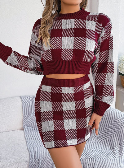 Casual Contrast Plaid Long Sleeve Sweater Skirt Suit