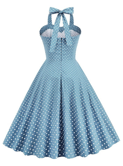 Retro Polka-dot Stitching Halter Big Swing Dress