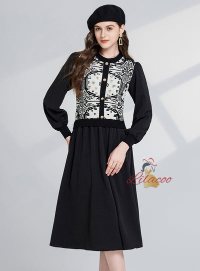 Classical Jacquard Round Neck Long Sleeve Dress