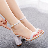 9 cm Thick Heel Square Root Pearl Sandals