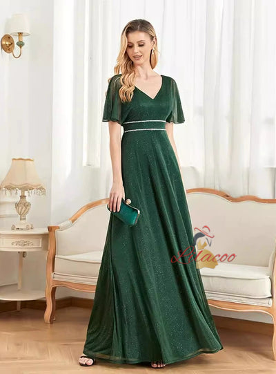 Green V-neck Short Sleeve Prom Dress