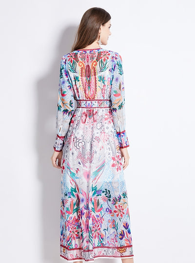 V-neck Printed Long Sleeve Dress