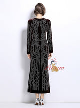 Hot Drilling Long Sleeve V-neck Velvet Dress