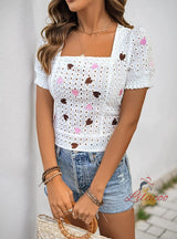 Bubble Sleeve Heart Square Collar Shirt