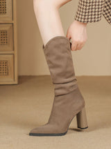 Fashion Pleated High-heeled Pointed Mid-tube Booties