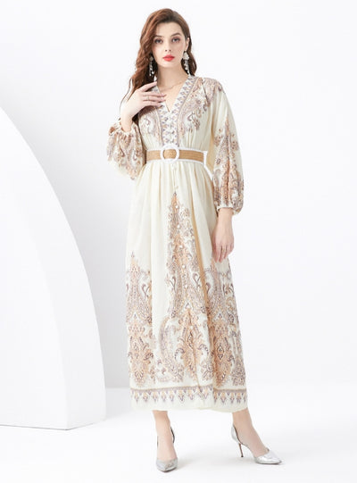 Palace V-neck Lantern Sleeve Printed Long Dress