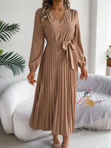 V-neck Button Big Swing Pleated Long Dress